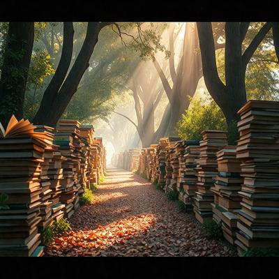 The primary subject of the image is a large stack of books, which are arranged in a long row. The setting is a forest, with trees surrounding the books. The visual style is a combination of photo and digital art, creating a unique and artistic representation of the scene. The colors and mood of the image are warm and inviting, with the sunlight shining through the trees, illuminating the books and creating a sense of tranquility.